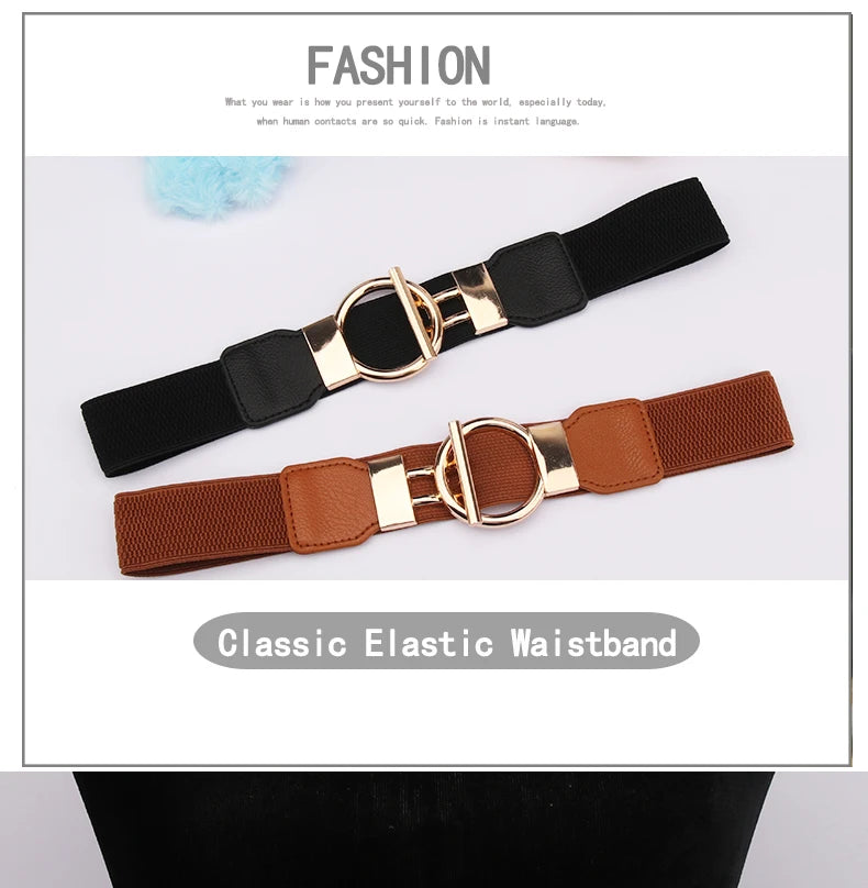 Women's Fashion Round Buckle Belt, Simple 4cm Wide Elastic Waistband, Decorative Temperament Waist Cincher