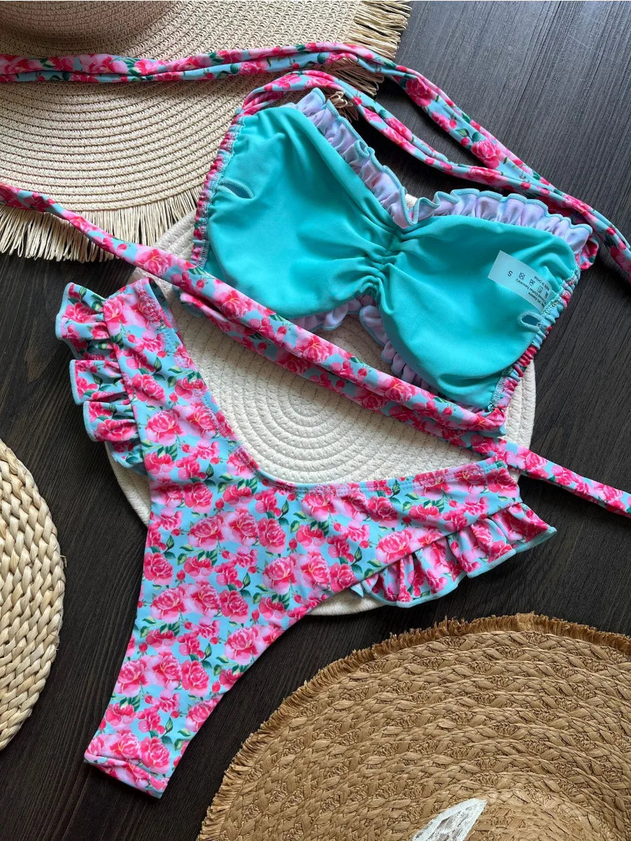 Ruffle Floral Backless Thong Print Bikini