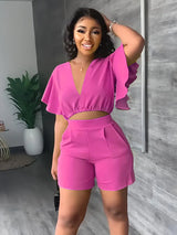 Women's Solid Flounces Short Sleeved Set