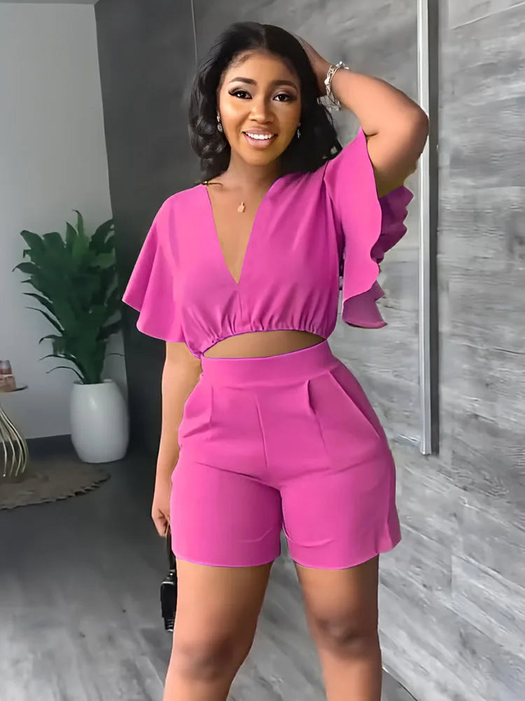 Women's Solid Flounces Short Sleeved Set