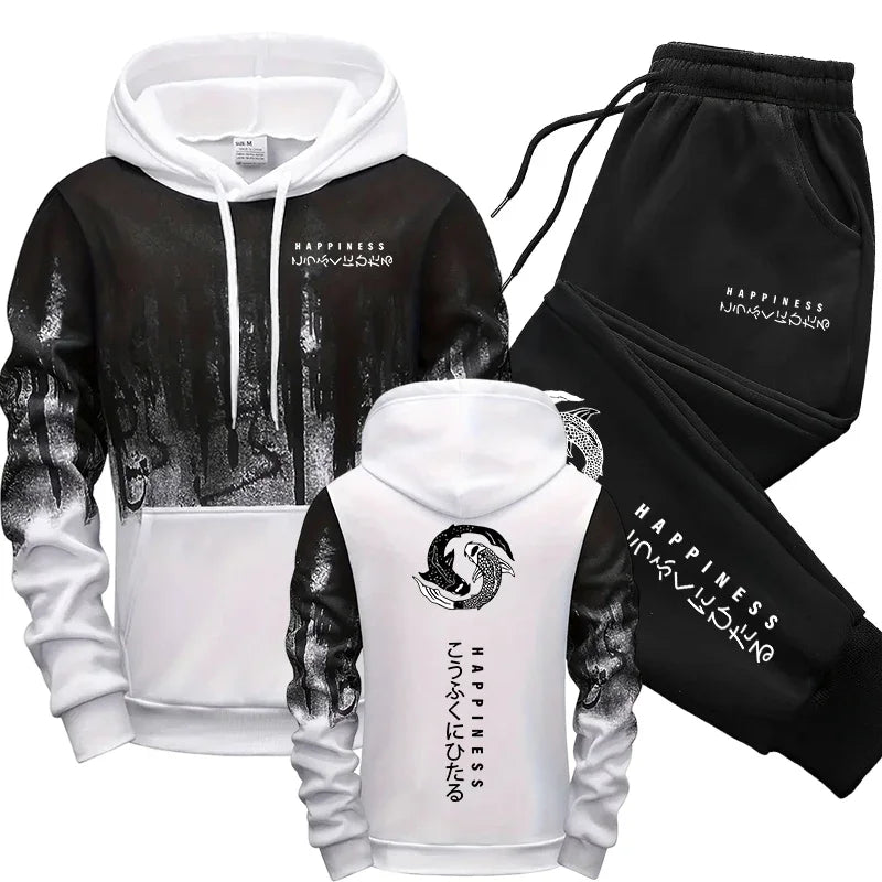Casual Mens Tracksuit Printed Splash-ink Hooded Sweatshirts Outdoors Sports Jogging Mens Clothing Street Single Piece Tops Pants