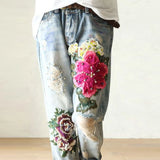 Floral Embroidery Vintage Straight High Waist  Pants