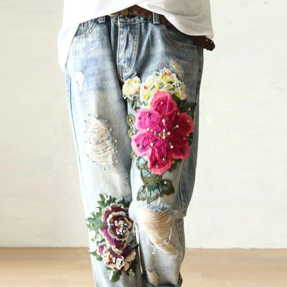 Floral Embroidery Vintage Straight High Waist  Pants