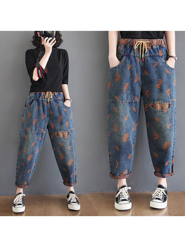 Feather Embroidery Loose Thin Drawstring Pants