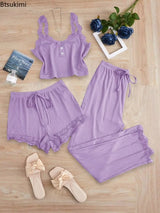 3 Pcs Solid Vest Lace Splicing Pajama Sets