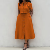 Women O-Neck Button Shirt + Midi Skirts 2 Piece Sets