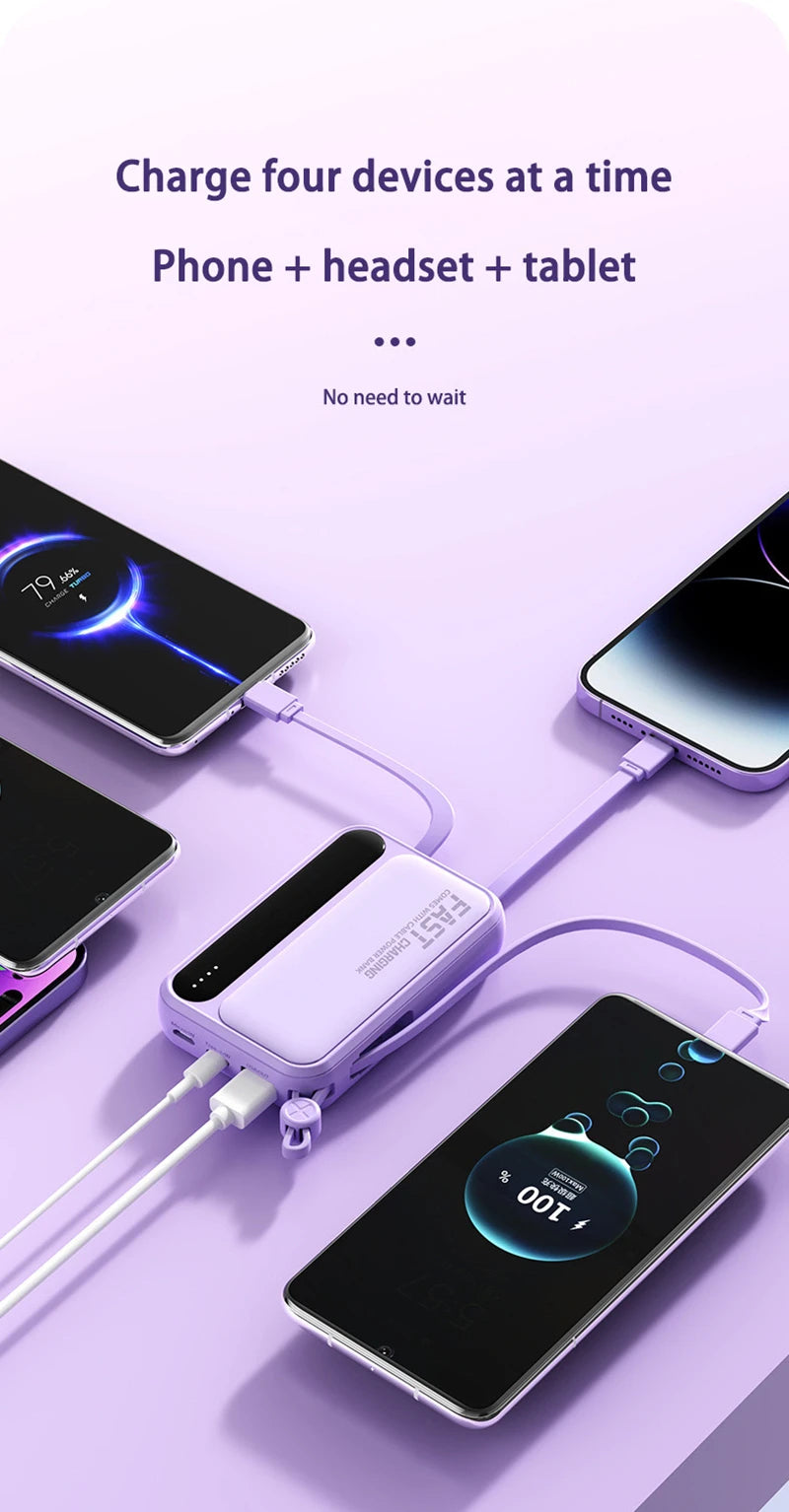 50000mAh Large Capacity Power Bank 4 In1  Built in Cable Intelligent Digital Display Laser Light Fast Charging External Battery