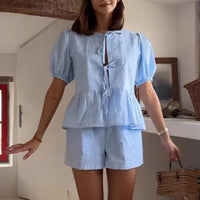 2 Pcs Women Tie Front Plaid Puff Shorts Set