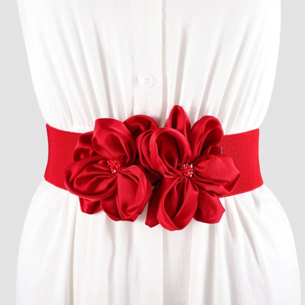 Women Fashion Floral Wide Elastic Belt Casual Trendy Waist Band Chic Ladies Dress Cummerbands Skirt Dress Coat Decor Accessories