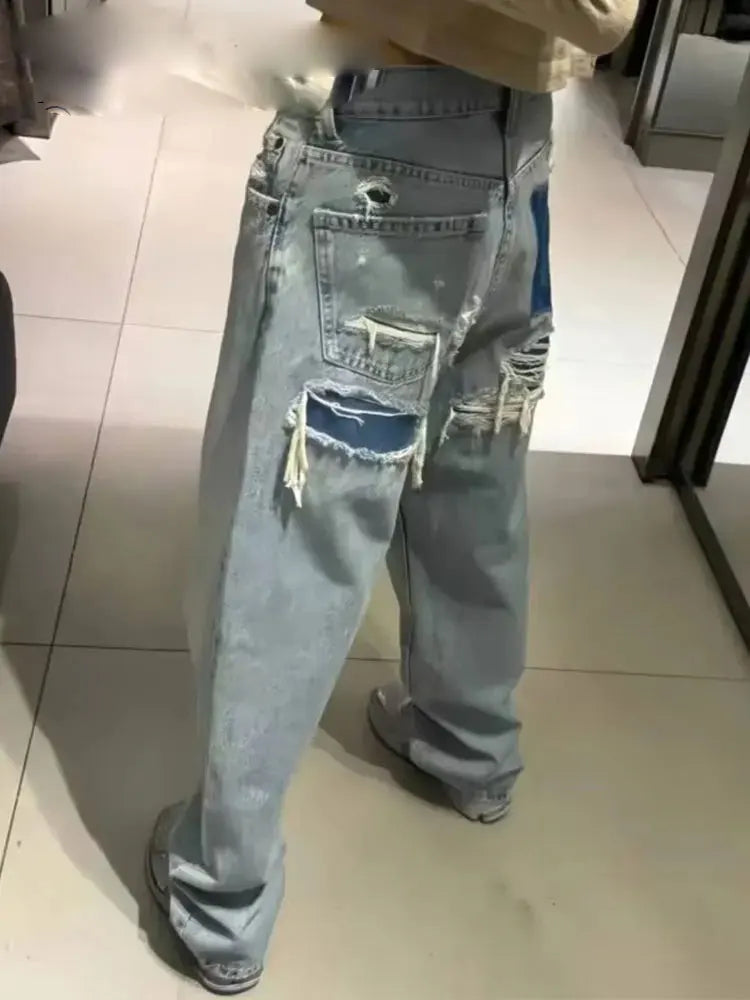 Denim Solid Loose Zipper Fly Wide Leg Pant