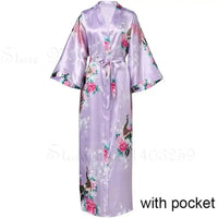 Women Long Robe Peacock Satin Print Nightgown