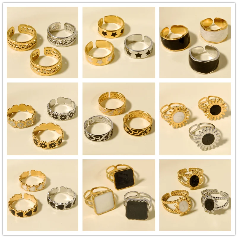 Elegant Ring Enamel Stainless Steel Rings For Women Men Accessories Flower Plant Jewelry Real Gold