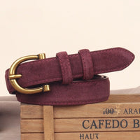 Fashion Women Belt Suede Genuine Leather Skinny Waistband Gold Buckle Wine Red Belts for Jeans Pants Casual