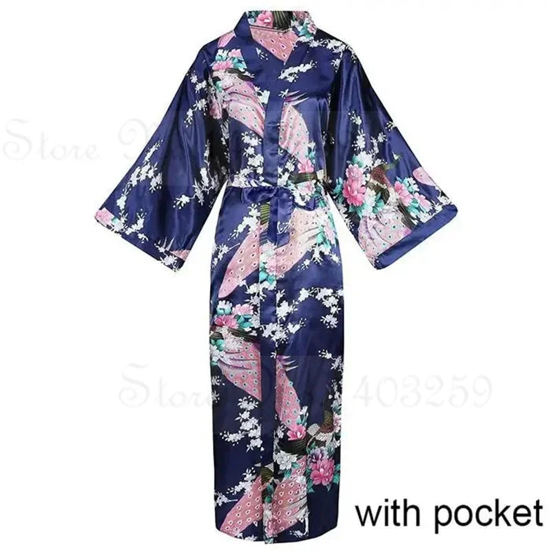 Women Long Robe Peacock Satin Print Nightgown