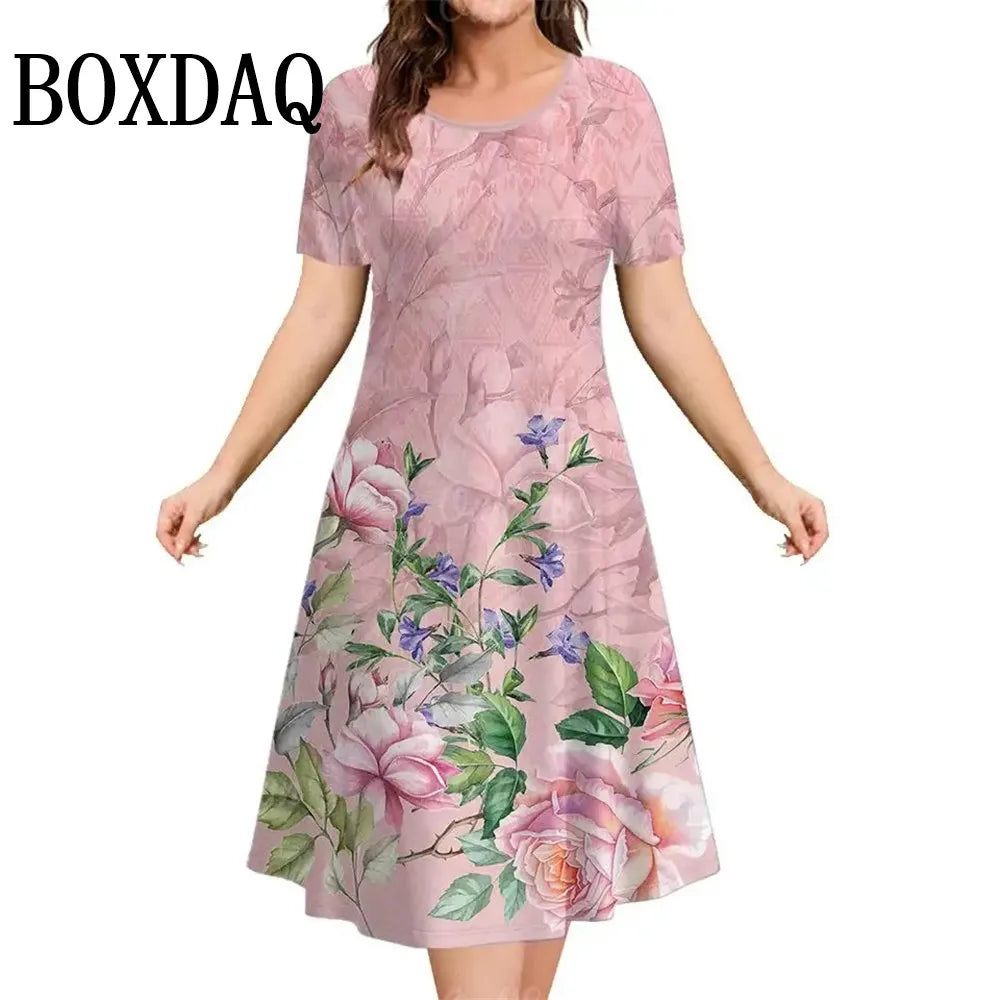 Retro 3D Print Short Sleeved Flowers Dress