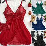 Deep V Lace Thong Ruffle Bra & Pajama Set