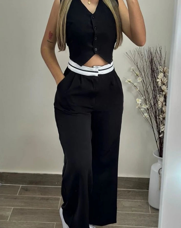 Summer Sexy Elegant V-Neck Buttoned Vest Top & Pants