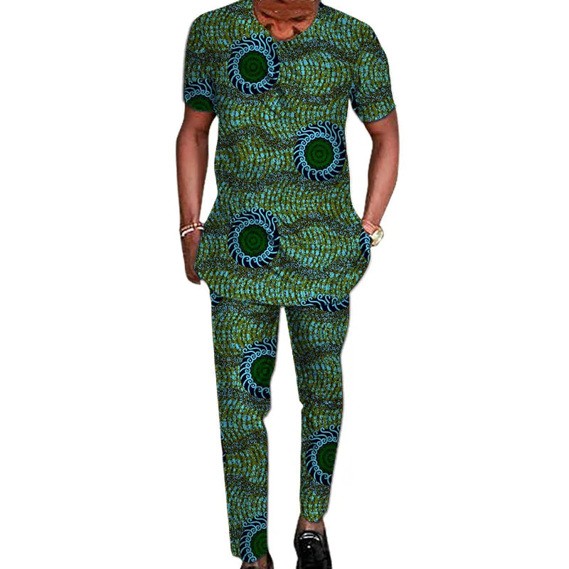 African Tribal Culture Men's Outfits Short Sleeve Set Shirts Patch Trousers African Print Male Pant Suits Party Wear Customized
