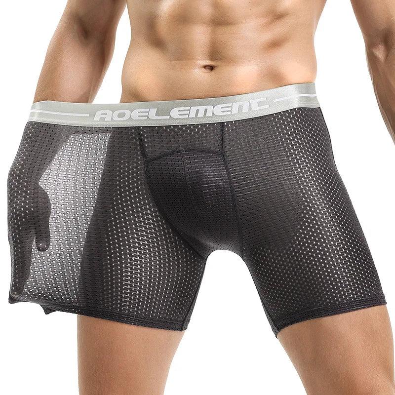 Men's Boxers Shorts Ice Silk Mesh Underwear Cueca Breathable U Convex Pouch Panties Man Middle Long Leg Underpants Large Size