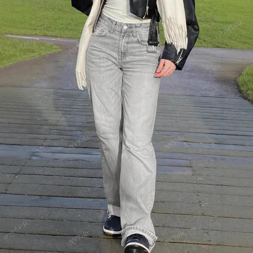 Women Straight Denims Washed Distressed Pants