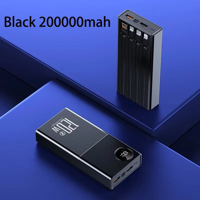 200000mAh 120W Power Bank Large Capacity Super Fast Charge Portable Power Bank With 4 Charging Cables LED Digital Display New