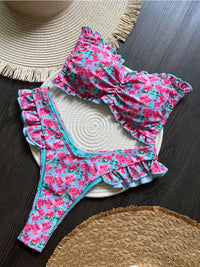 Ruffle Floral Backless Thong Print Bikini