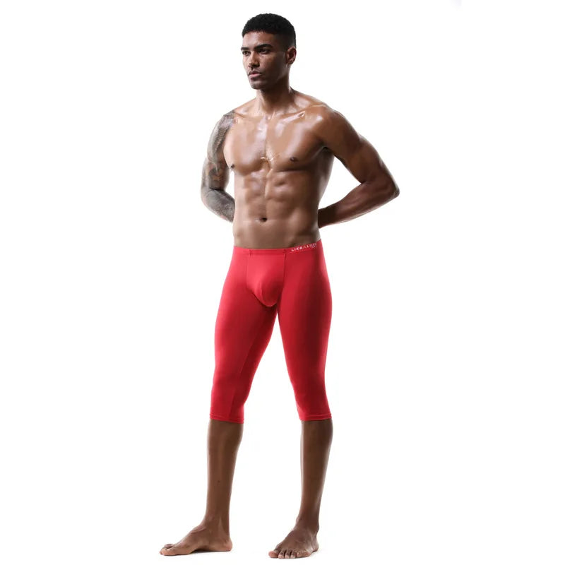 Men's Ice Silk Long Leg Trunk Sexy U Conevx Pouch Boxy Underwear Sports Fitness Running Shorts Pants Extended Knee Length Boxers