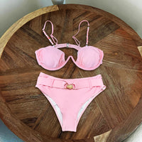 Pink Micro Beads Bandeau Bikini Set