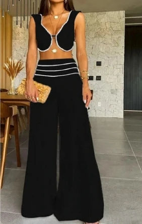 2 Pcs Sexy Elegant Color Blocking Low Cut Set