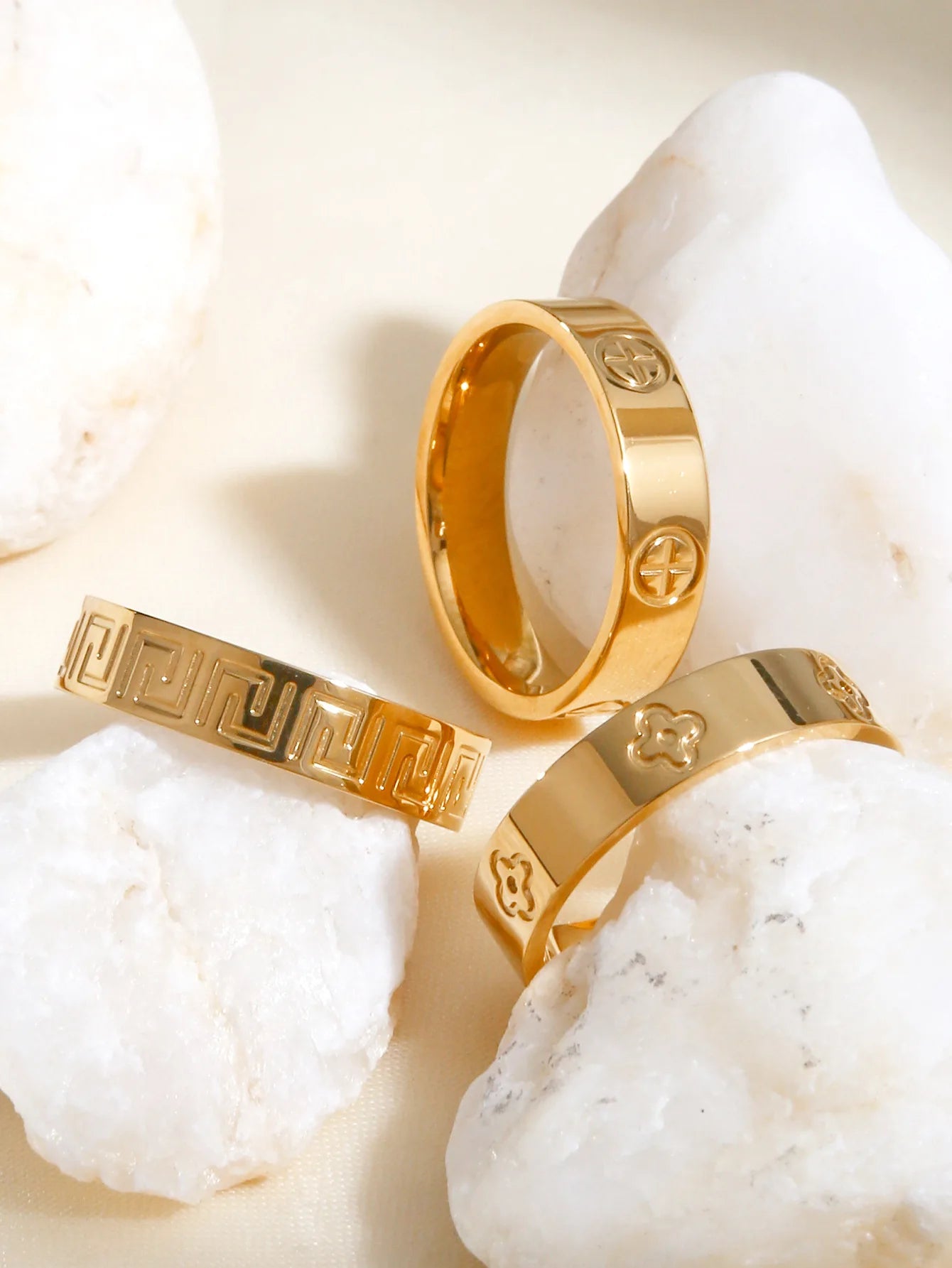 18K Gold, Great Wall Pattern, Four Leaf Flower, Cross Ring For Women