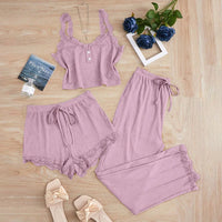 3 Pcs Solid Vest Lace Splicing Pajama Sets