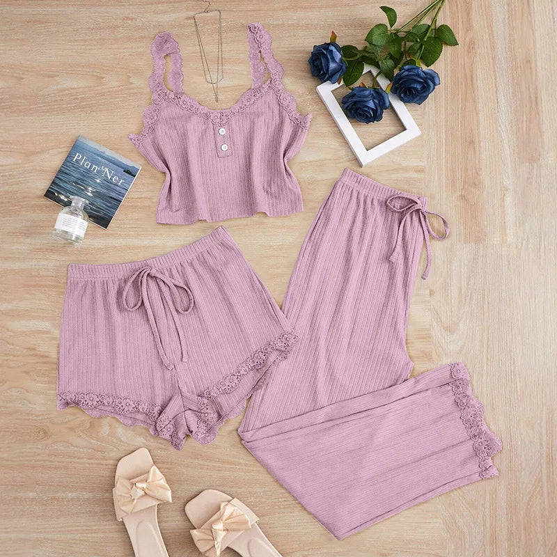 3 Pcs Solid Vest Lace Splicing Pajama Sets