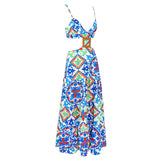 Elegant Printed Drawstring Halterneck Long Dress