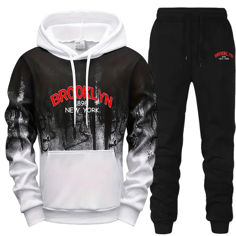 Daily Mens Tracksuit Casual Letter Printing Splash-ink Hooded Sweatshirts Sports Jogging Mens Clothing Single Piece Tops Pants