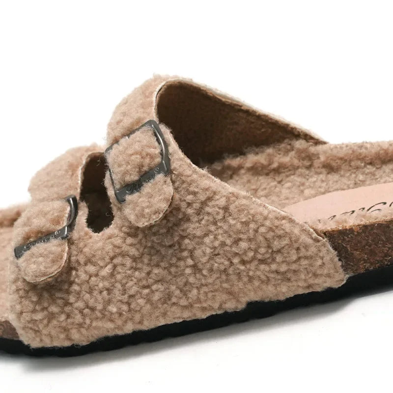 Casual Solid Buckle Sheep Fur Cork Slipper