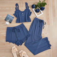 3 Pcs Solid Vest Lace Splicing Pajama Sets