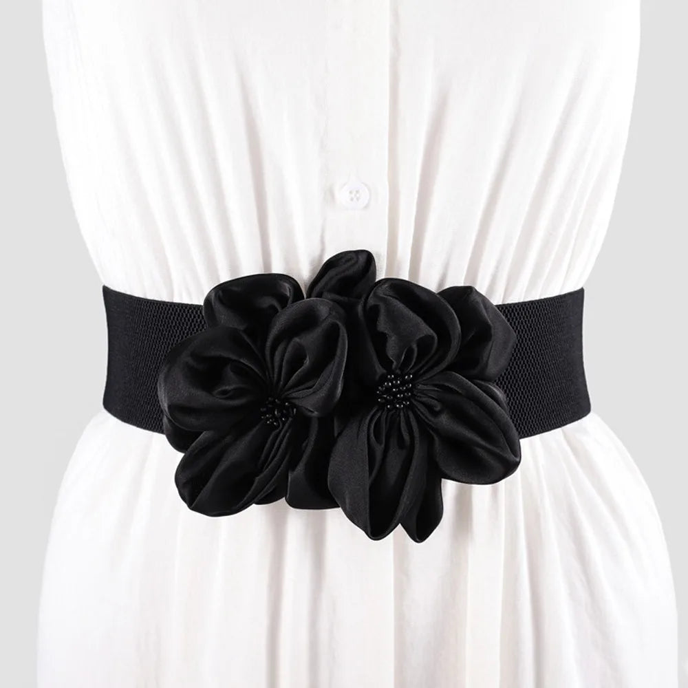 Women Fashion Floral Wide Elastic Belt Casual Trendy Waist Band Chic Ladies Dress Cummerbands Skirt Dress Coat Decor Accessories