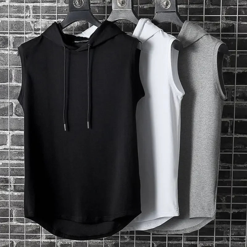 Men Tie Collar Hooded Sleeveless Vest