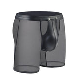 Fitness Long Men Boxer Underwear Mesh Faux Leather Men's Boxershorts Panties Long Leg Trunks Sexy Pouch Opened Button Underpants