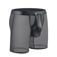 Fitness Long Men Boxer Underwear Mesh Faux Leather Men's Boxershorts Panties Long Leg Trunks Sexy Pouch Opened Button Underpants