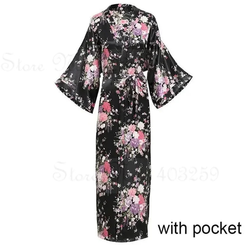 Women Long Robe Peacock Satin Print Nightgown
