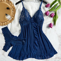 Deep V Lace Thong Ruffle Bra & Pajama Set