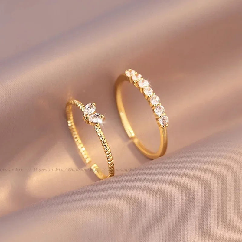 2pcs/set Gold Color Heart Zircon Rings
