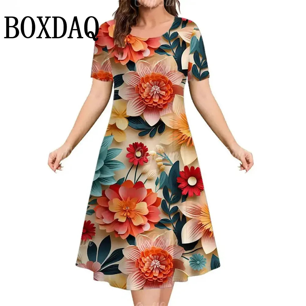 Retro 3D Print Short Sleeved Flowers Dress