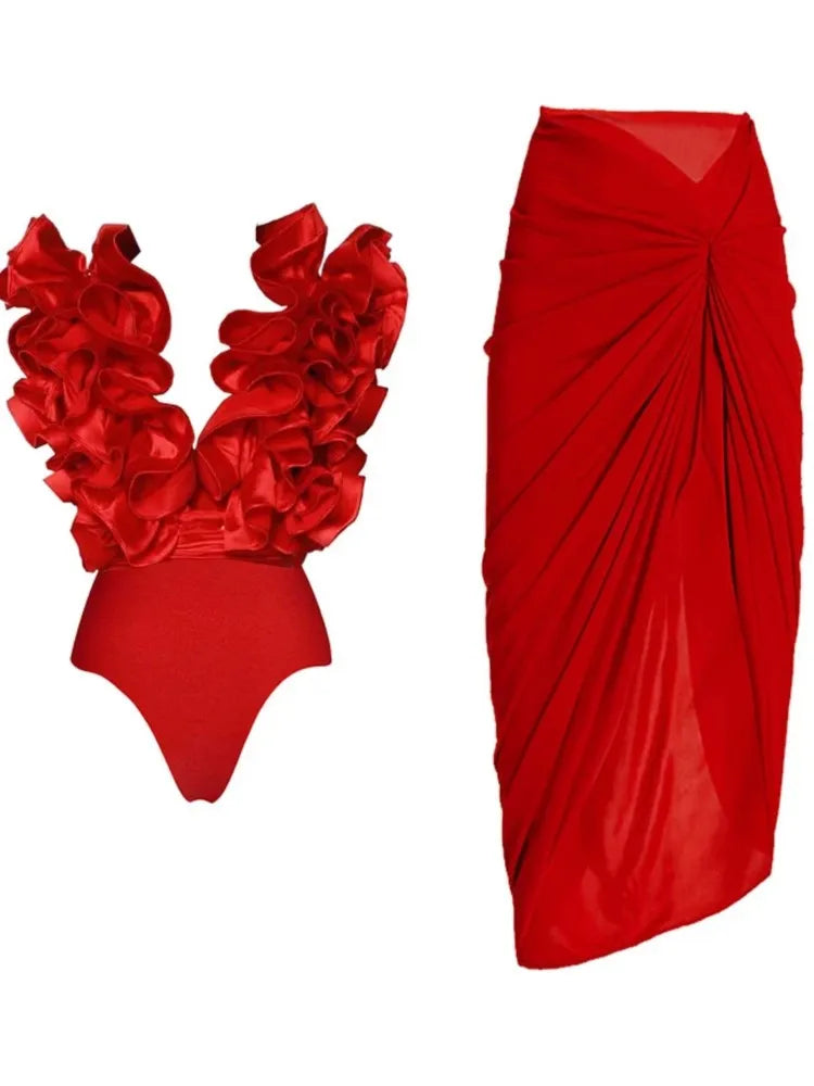 Women Ruffle Splice Bikini With Skirt