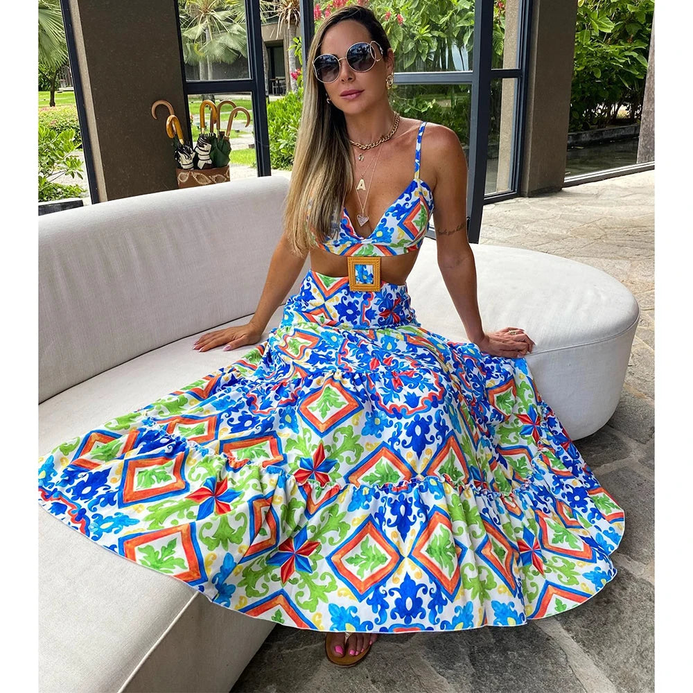 Elegant Printed Drawstring Halterneck Long Dress
