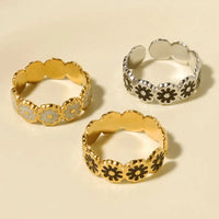 Elegant Ring Enamel Stainless Steel Rings For Women Men Accessories Flower Plant Jewelry Real Gold