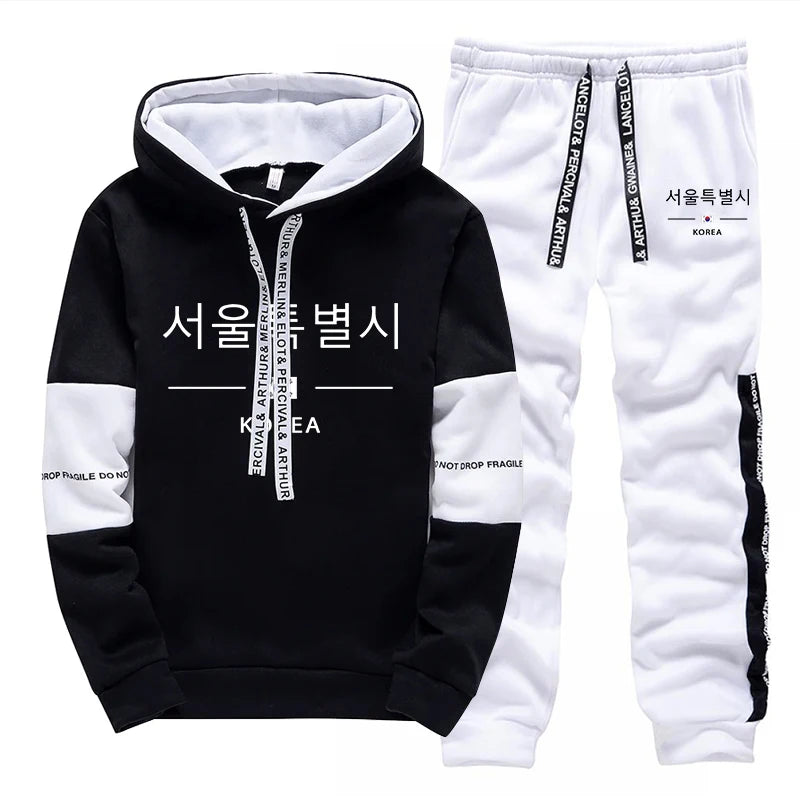 Mens Tracksuit Print Casual Sweatshirts Sportswear Outdoors Sports Jogging Mens Clothing Single Piece Hoodie Pants Korean Style