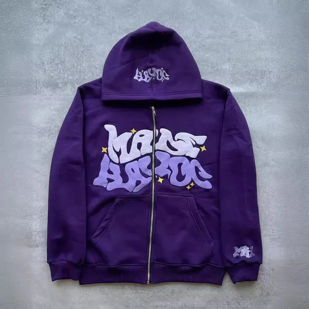 Zipper Hooded Sweatshirt With Retro American Letters