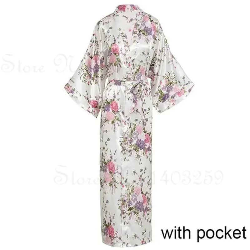 Women Long Robe Peacock Satin Print Nightgown